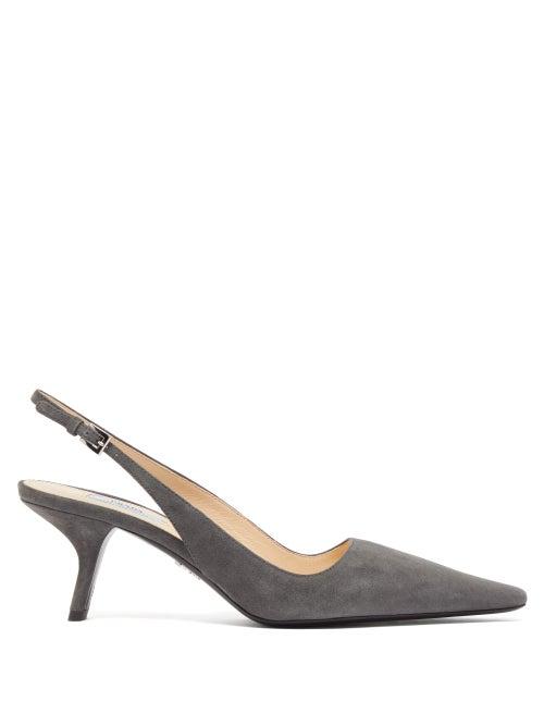 Matchesfashion.com Prada - Squared Point Toe Slingback Suede Pumps - Womens - Grey