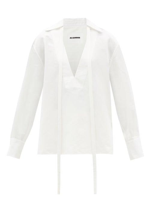 Ladies Rtw Jil Sander - Tie-neck Linen-blend Poplin Blouse - Womens - White