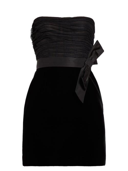 Matchesfashion.com Saint Laurent - Bow Trim Tulle And Velvet Mini Dress - Womens - Black