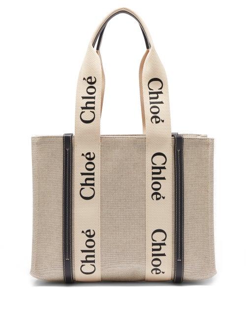Chlo - Woody Small Applied-logo Canvas Tote - Womens - Beige Multi