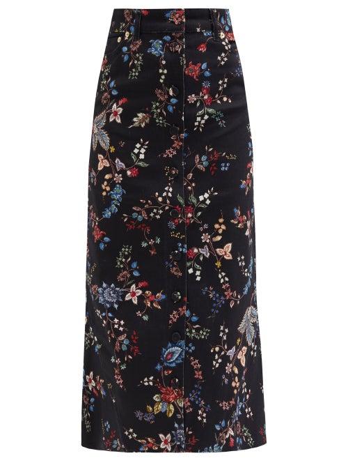 Erdem - Victorine Flared Floral-print Denim Skirt - Womens - Black
