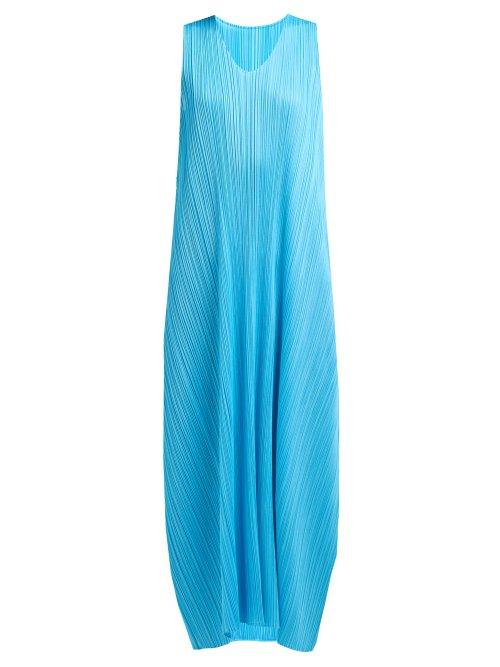 Matchesfashion.com Pleats Please Issey Miyake - Pleated Trapeze Cut V Neck Midi Dress - Womens - Blue