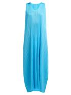 Matchesfashion.com Pleats Please Issey Miyake - Pleated Trapeze Cut V Neck Midi Dress - Womens - Blue