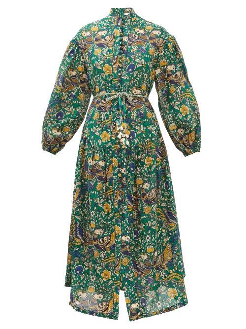 Matchesfashion.com Zimmermann - Edie Balloon-sleeve Peacock-print Cotton Dress - Womens - Green Print