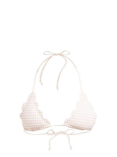 Matchesfashion.com Marysia - Broadway Scallop Edge Gingham Triangle Bikini Top - Womens - Light Pink