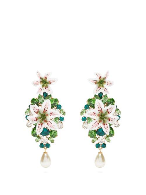 Matchesfashion.com Dolce & Gabbana - Lily And Crystal Clip Earrings - Womens - Gold