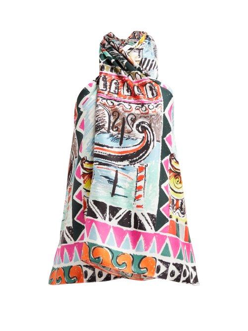 Matchesfashion.com Prada - Venice Postcard Print Wrap Front Silk Top - Womens - Blue Multi