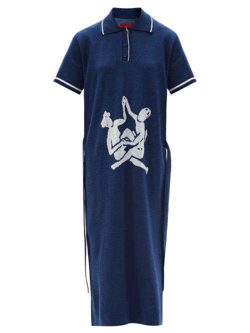 Matchesfashion.com Thebe Magugu - Sisterhood Logo-intarsia Knitted Polo Shirt Dress - Womens - Navy