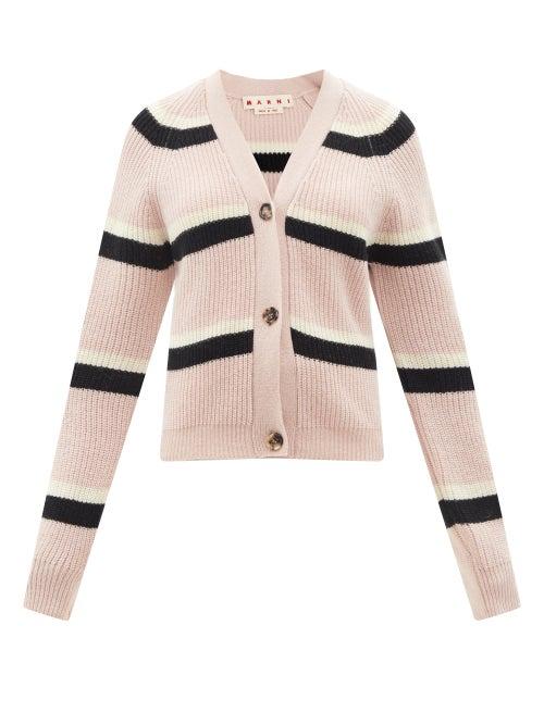 Ladies Rtw Marni - V-neck Striped Ribbed-wool Cardigan - Womens - Pink