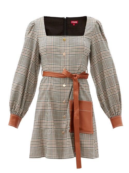 Matchesfashion.com Staud - Oz Square-neck Checked Twill Mini Dress - Womens - Beige Multi