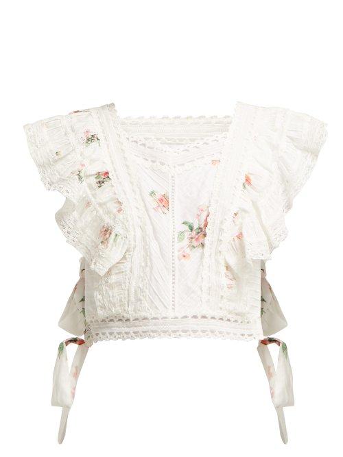 Matchesfashion.com Zimmermann - Heathers Floral Print Embroidered Crop Top - Womens - White Multi