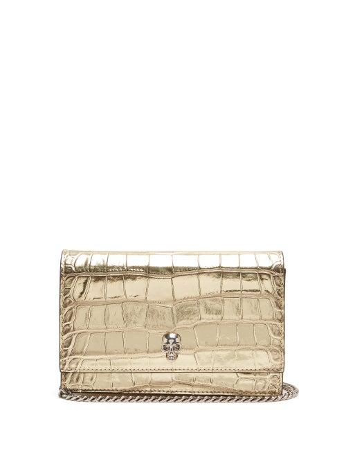 Matchesfashion.com Alexander Mcqueen - Skull Mini Croc-effect Leather Cross-body Bag - Womens - Gold