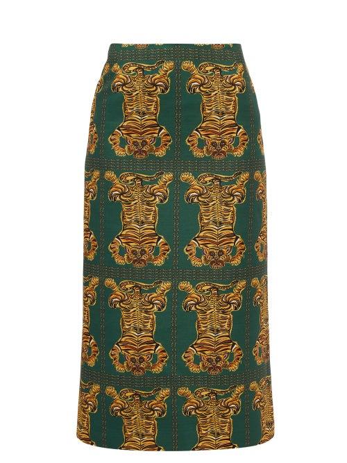 La Doublej - Tiger Tiles-print Wool-blend Pencil Skirt - Womens - Green Print