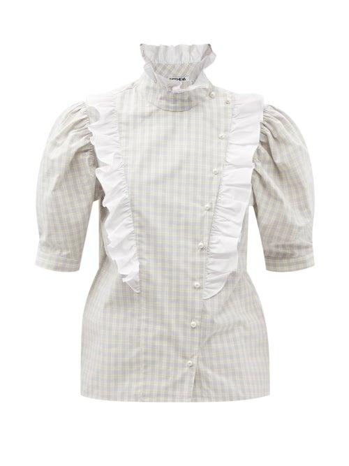 Ladies Rtw Batsheva - Sophie Ruffled Check Cotton-poplin Blouse - Womens - Grey White