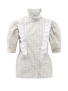 Ladies Rtw Batsheva - Sophie Ruffled Check Cotton-poplin Blouse - Womens - Grey White