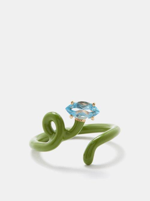 Bea Bongiasca - Baby Vine Tendril Topaz, Enamel & 9kt Gold Ring - Womens - Blue/green