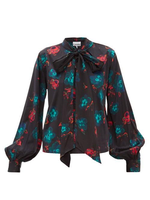 Matchesfashion.com Ganni - Pussybow Floral Print Silk Blend Satin Blouse - Womens - Black Multi