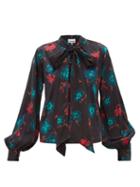 Matchesfashion.com Ganni - Pussybow Floral Print Silk Blend Satin Blouse - Womens - Black Multi