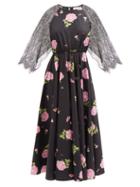 Giambattista Valli - Lace-sleeve Rose-print Cotton-poplin Dress - Womens - Black Pink