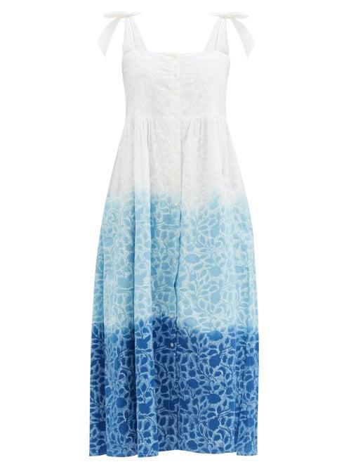 Matchesfashion.com Juliet Dunn - Shadow Flower-print Cotton-voile Midi Dress - Womens - Blue Print