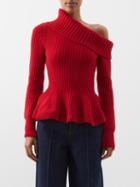 Alexander Mcqueen - Off-the-shoulder Wool-blend Peplum Sweater - Womens - Red