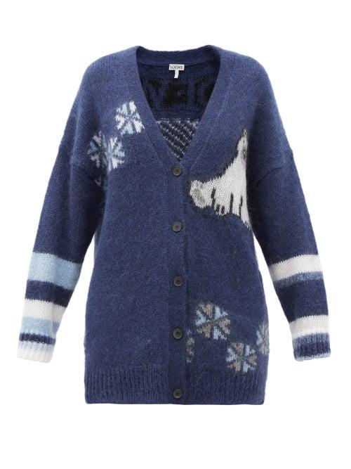 Matchesfashion.com Loewe - Polar Bear-jacquard Mohair-blend Cardigan - Womens - Navy White