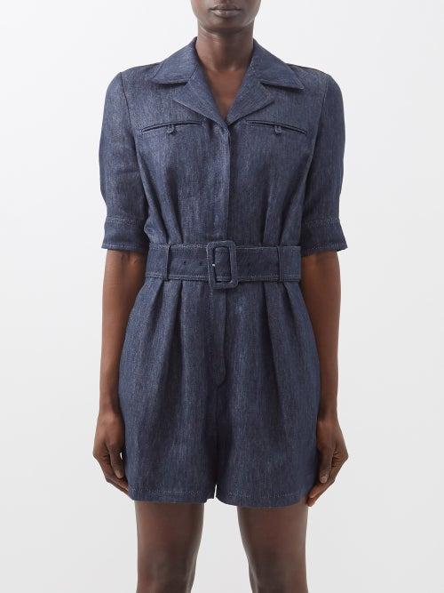 Gabriela Hearst - Walker Belted Upcycled Linen-denim Playsuit - Womens - Dark Navy