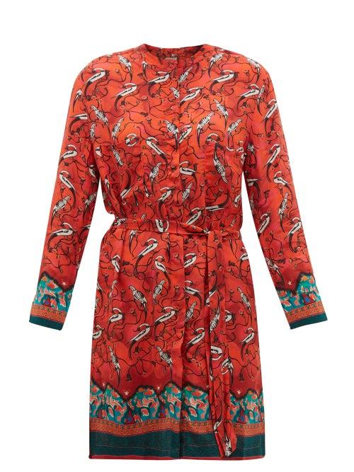 Matchesfashion.com Chufy - Najima Peacock Print Satin Crepe Shirtdress - Womens - Red Multi