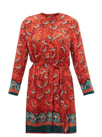 Matchesfashion.com Chufy - Najima Peacock Print Satin Crepe Shirtdress - Womens - Red Multi
