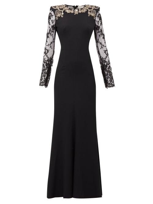 Matchesfashion.com Alexander Mcqueen - Lace-sleeve Crystal-embellished Crepe Gown - Womens - Black
