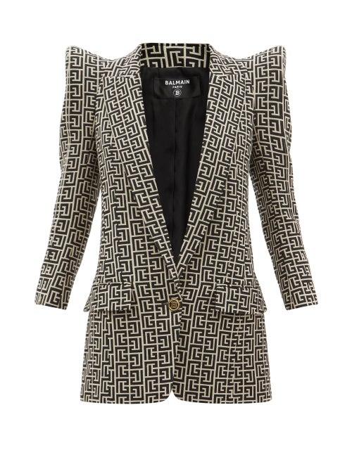 Matchesfashion.com Balmain - Pagoda-shoulder Wool-hopsack Suit Jacket - Womens - Black White
