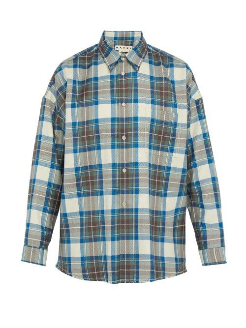 Matchesfashion.com Marni - Raw Hem Checked Wool Shirt - Mens - Blue