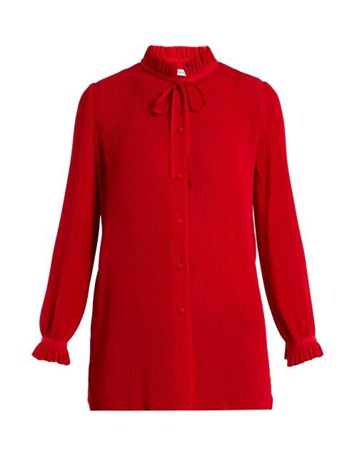Matchesfashion.com Balenciaga - Ruffled Tie Neck Pliss Blouse - Womens - Red