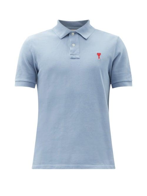 Matchesfashion.com Ami - Logo-embroidered Organic-cotton Polo Shirt - Mens - Light Blue