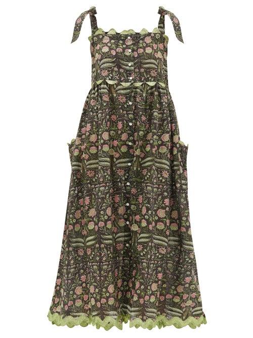 Matchesfashion.com Juliet Dunn - Tie-shoulder Floral-print Cotton Midi Dress - Womens - Green Multi
