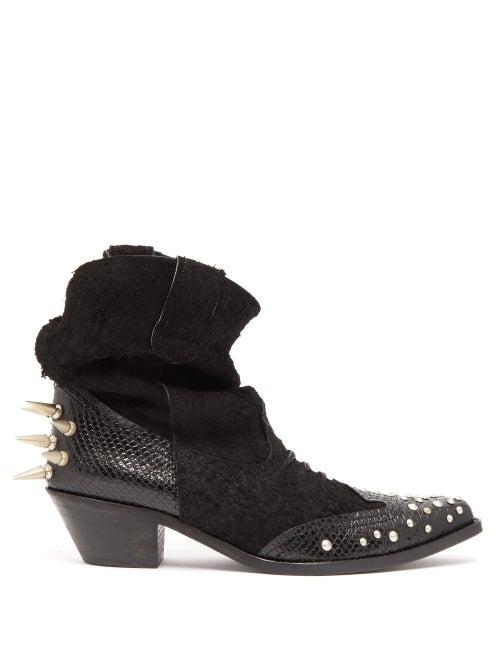 Matchesfashion.com Junya Watanabe - Studded Suede Western Ankle Boots - Womens - Black