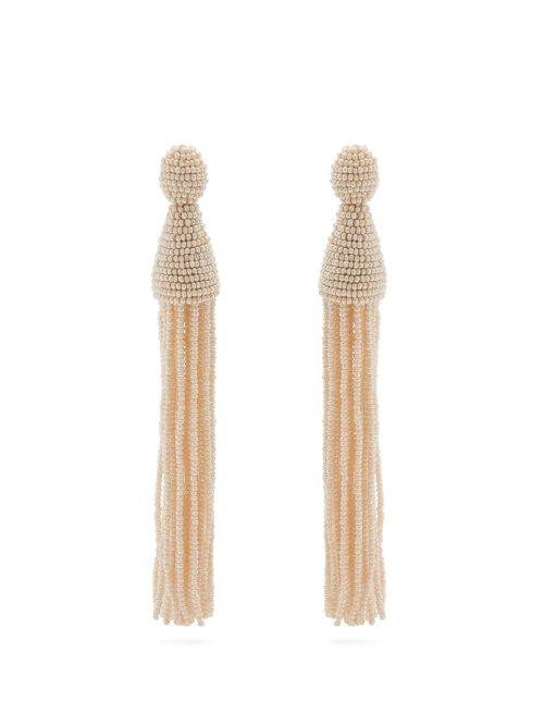 Matchesfashion.com Oscar De La Renta - Bead Embellished Tassel Drop Earrings - Womens - Ivory