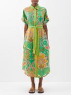 Ale Mais - Marion Paisley-print Linen Shirt Dress - Womens - Green Multi