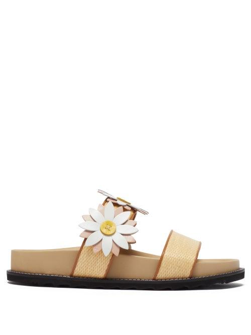 Matchesfashion.com Fabrizio Viti - Ingrid Floral-appliqu Raffia And Leather Slides - Womens - Cream Multi