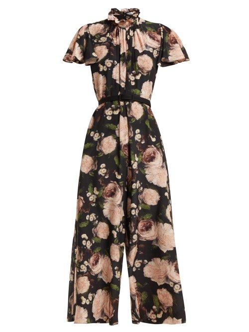 Matchesfashion.com Erdem - Ellamay Dutch Petal Print Silk Jumpsuit - Womens - Black Multi