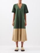 Lee Mathews - Nina Colour-blocked Cotton-poplin Midi Dress - Womens - Green Multi