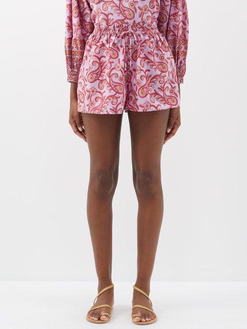Boteh - Kiki Nazar Phebe Block-printed Cotton Shorts - Womens - Pink Print