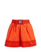 Matchesfashion.com Fendi - High Rise Belted Embroidered Cotton Shorts - Womens - Orange