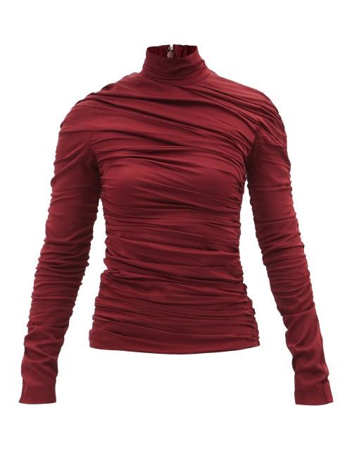 Stella Mccartney - Faye High-neck Ruched-jersey Top - Womens - Burgundy