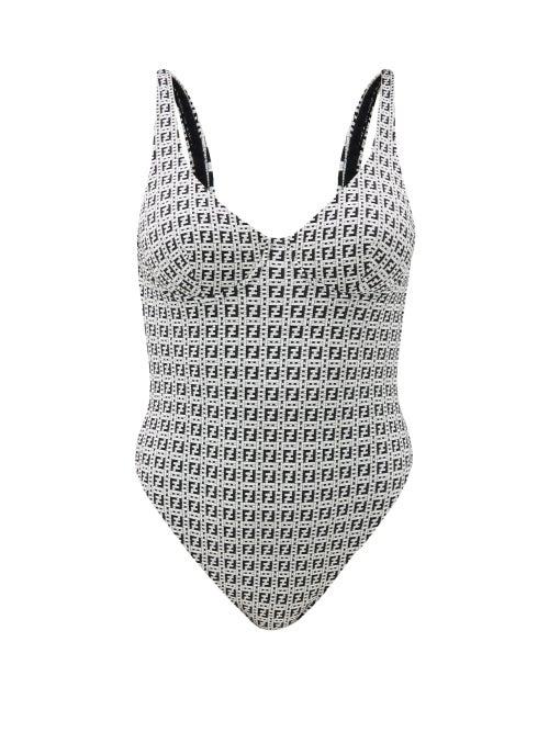 Matchesfashion.com Fendi - Ff-jacquard Low-back Swimsuit - Womens - White Black