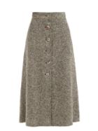 Chlo - Button-front Wool-blend Tweed Midi Skirt - Womens - Light Brown
