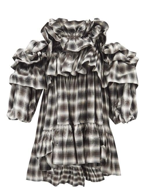 Vaquera - Ruffled Off-the-shoulder Gingham Silk Dress - Womens - Black White