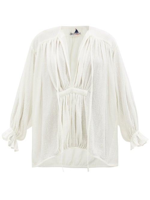 Ladies Beachwear Les Vacances D'irina - Hazy Nipple Gathered Sheer Cotton-voile Shirt - Womens - Ivory