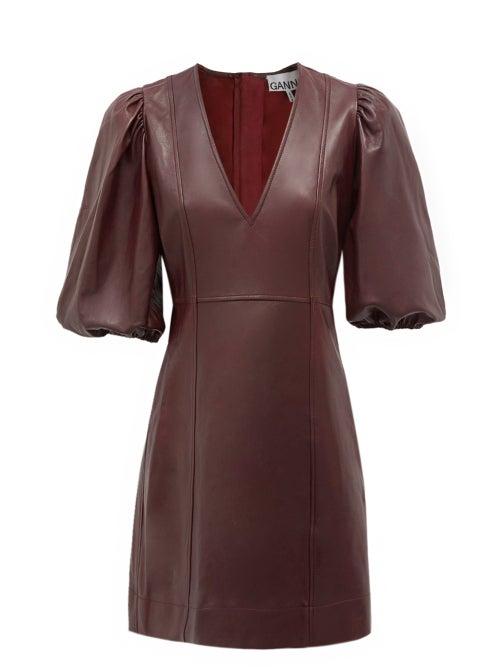 Matchesfashion.com Ganni - Puff-sleeve V-neck Leather Mini Dress - Womens - Burgundy