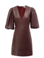 Matchesfashion.com Ganni - Puff-sleeve V-neck Leather Mini Dress - Womens - Burgundy